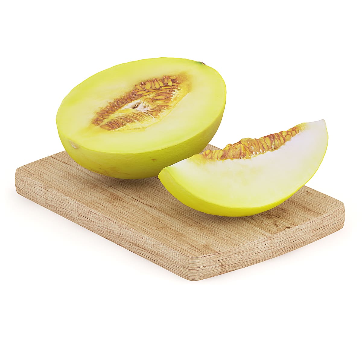 Halved Yellow Melon on Wooden Board