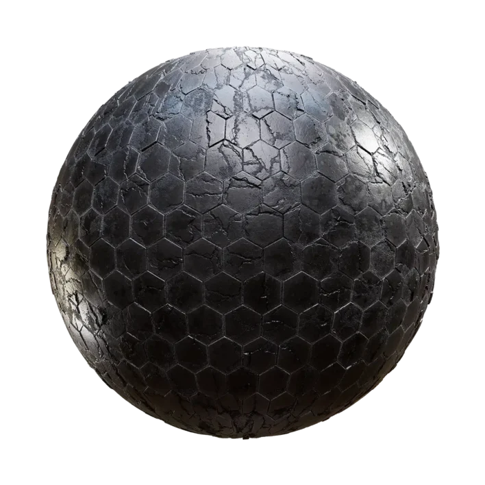 Cracked Black Hexagonal Tiles PBR Texture