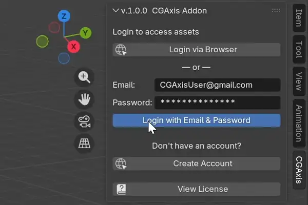 CGAxis Blender Add-on login screen with OAuth and email password options